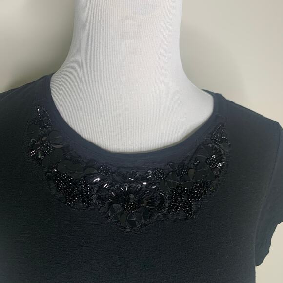 LOFT Black T Shirt Embellished Sequin Bead Front Detail Sz Medium Petite - Picture 8 of 8